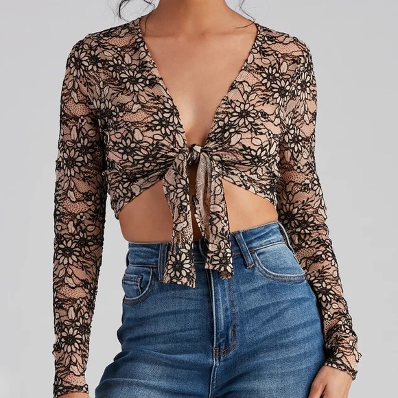 Flirty Floral Lace Tie Front Crop Top - Picture 1 of 6